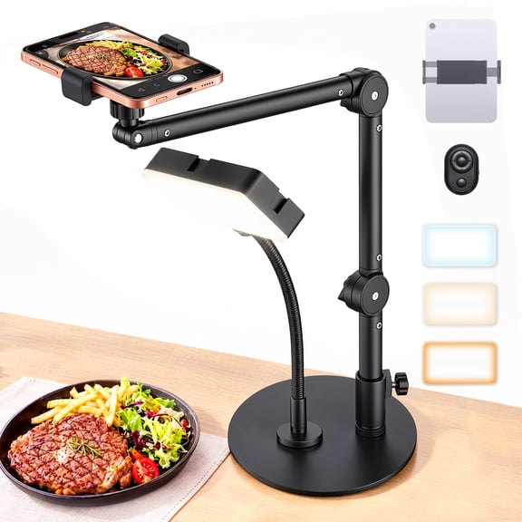HAARAY Overhead Phone Mount with 1800mAh Magnetic Rechargeable Light for Desk, 90 LED Dimmable Selfie Light with 3-Stage Adjustable Stand & Remote, Phone Tablet Stand for Video Recording, Live Stream