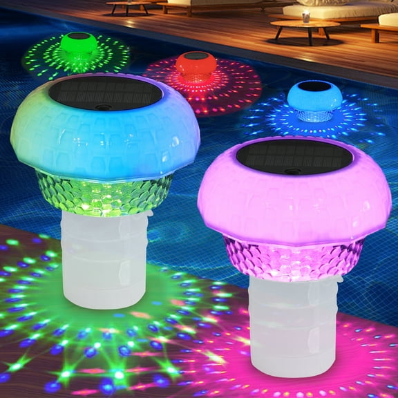 HAARAY Solar Pool Chlorine Tablet Floater with Colorful Projection Light & Remote, Floating Chlorine Dispenser Tablet Holder for Pool Spa Hot Tub with Lock and Adjustable Flow Fits 4x3" Tablets, 2PCS
