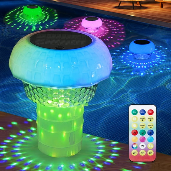 HAARAY Solar Pool Chlorine Tablet Floater with Colorful Projection Lights & Remote, Floating Chlorine Dispenser for Pool Spa Hot Tub with Lock and Adjustable Flow Fits 4x3" Tablets Holder, 1PCS