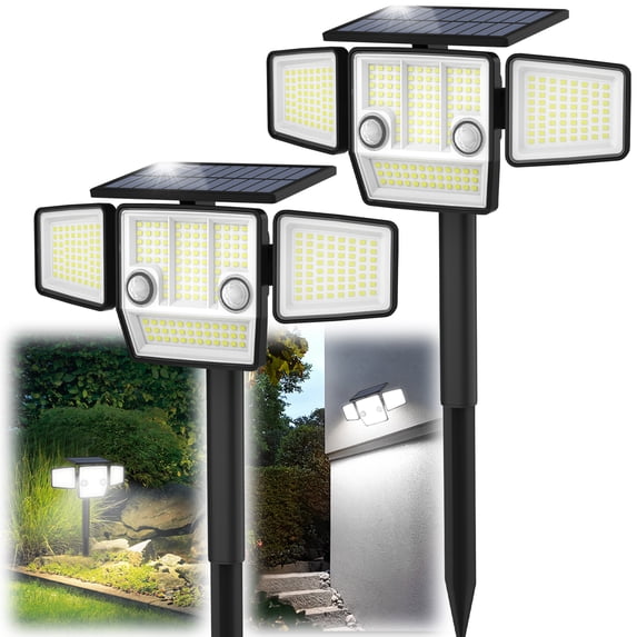 HAARAY Solar Motion Sensor Lights Outdoor with Ground Stake, 3-Head Adjustable 2500LM 236 LED Solar Wall Security Flood Lights IP65 Waterproof for Outside Porch Backyard Patio Garage, 2 Pack