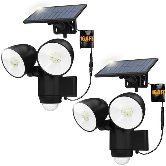 HAARAY Solar Motion Sensor Outdoor Lights with 16.4Ft Cable, 2500LM Super Bright Adjustable 2-Head LED Security Flood Lights Outdoor IP65 Waterproof, 3 Modes, Auto ON/Off, 7000K, 2 Pack