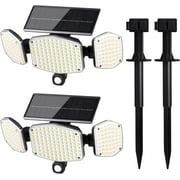 HAARAY Solar Motion Sensor Outdoor Lights with Ground Stake, 3-Head Adjustable 208 LED Solar Wall Security Flood Light IP65 Waterproof for Outside Porch Yard Garden Garage, 2 Pack