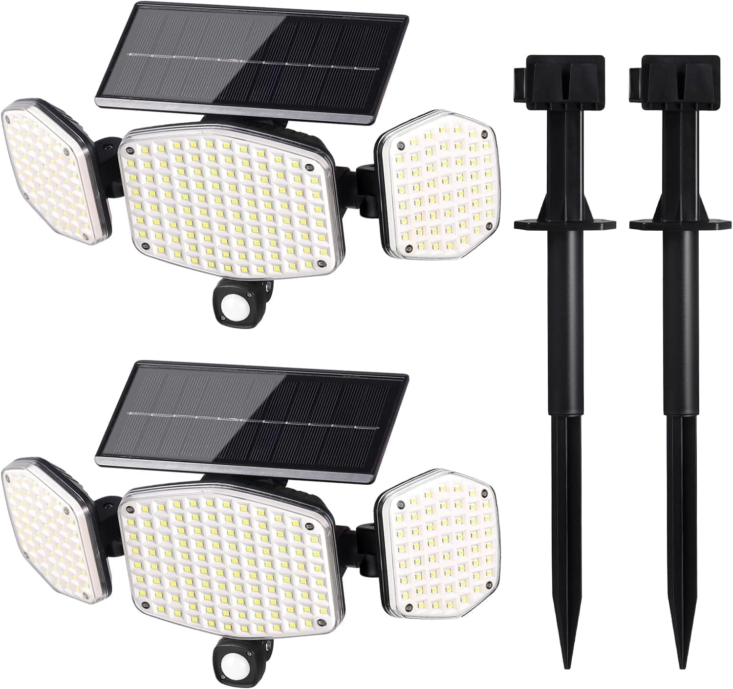 HAARAY Solar Motion Sensor Outdoor Lights with Ground Stake, 3-Head Adjustable 208 LED Solar Wall Security Flood Light IP65 Waterproof for Outside Porch Yard Garden Garage, 2 Pack
