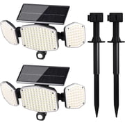 HAARAY Solar Motion Sensor Outdoor Lights with Ground Stake, 3-Head Adjustable 208 LED Solar Wall Security Flood Light IP65 Waterproof for Outside Porch Yard Garden Garage, 2 Pack
