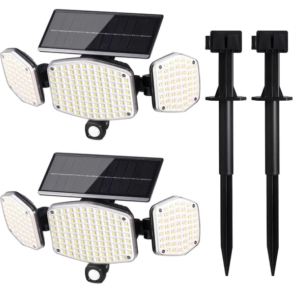 HAARAY Solar Motion Sensor Outdoor Lights with Ground Stake, 3-Head Adjustable 208 LED Solar Wall Security Flood Light IP65 Waterproof for Outside Porch Yard Garden Garage, 2 Pack