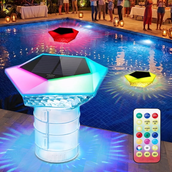 HAARAY Solar Pool Floater with Colorful Lights, Remote Control Dispenser Fits 4x3 Inch Tablets, Lockable Adjustable Flow, IP68 Waterproof for Pool and Hot Tub