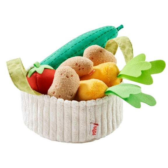 HABA Play Food Set - Soft Veggie Basket; Cucumber, Tomato, Carrots & Potatoes