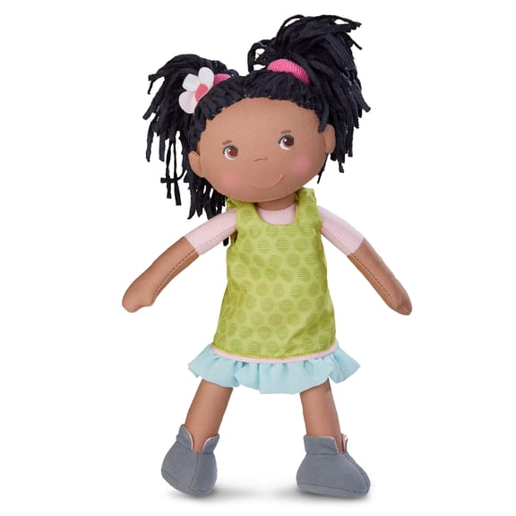 HABA Cari 12" Black Baby Doll with Black Pigtails, Embroidered Face, Removable Green Dress, Machine Washable Soft Baby Doll - 18 Months+