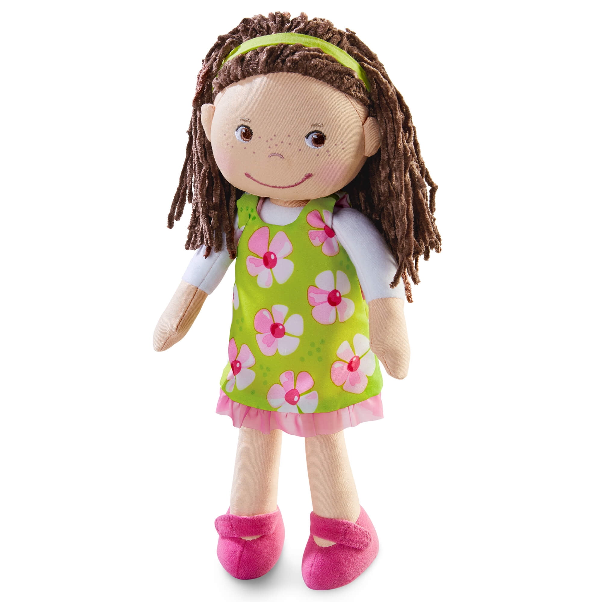 HABA Coco 12" Soft Baby Doll with Brown Hair, Embroidered Face, Removable Green Dress, Matching Headband - Machine Washable Toddler Doll - 18 Months+