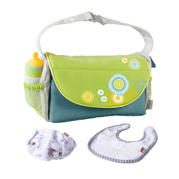 HABA Baby Doll Diaper Bag with Soft Bottle & Reusable Cloth Doll Diapers, Folds into Changing Mat, Toddler Pretend Play Accessories for Ages 18 Mo+