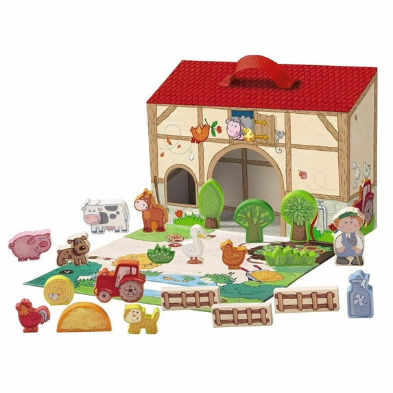 HABA Toddler Wooden Farmhouse Playset Toy - Kids Take Along Farm ...