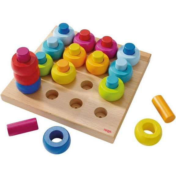 HABA Rainbow Whirls Wooden Sorting & Stacking Rings Shape Sorter Fine Motor Toys