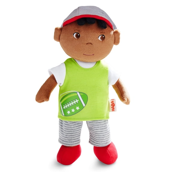 HABA Soft Doll Mason - 11.5" Plush Baby Boy Toy with Black Hair for Ages 6 Months and Up, First Doll Gift for Kids, Machine Washable