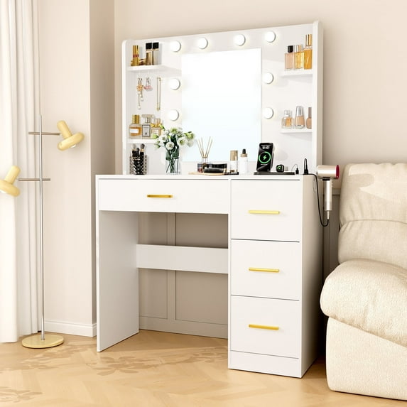 HABIUBIU Makeup Vanity Desk with Mirror LED Lights, Vanity Desk with Drawers, Power Outlet for Bedroom Dressing Room, White