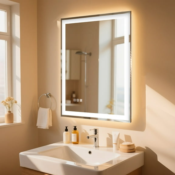 HABIUBIU 33" LED Bathroom Mirror with Adjustable 3 Colors Lights,Touch Control,Anti-Fog,Shatter-Proof HD Tempered Glass,Right Angle