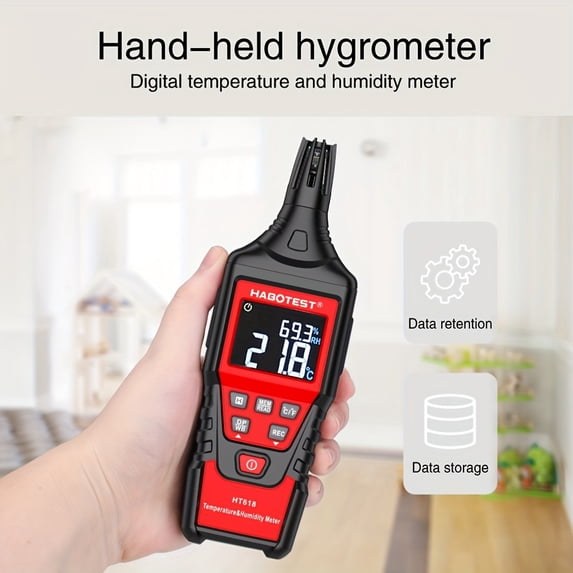 HABOTEST Digital Hygrometer Thermometer, Indoor Humidity Temperature Monitor with Dew Point,Min/Max, Data Hold - LCD Backlit Rechargeable Ambient Weather Meter - Battery Powered