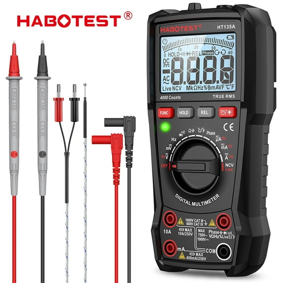 HABOTEST HT135A Digital Multimeter, 4000 Counts,DC AC Voltmeter,Auto-Ranging Voltage Tester,Measures Voltage, Current, Resistance, Capacitance, Frequency, Tests Live Wire, Diodes, Continuity