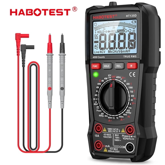 HABOTEST HT135D Digital Multimeter, 4000 Counts,DC AC Voltmeter,Auto-Ranging Voltage Tester,Measures Voltage, Current, Resistance, Capacitance, Frequency, Tests Live Wire, Diodes, Continuity