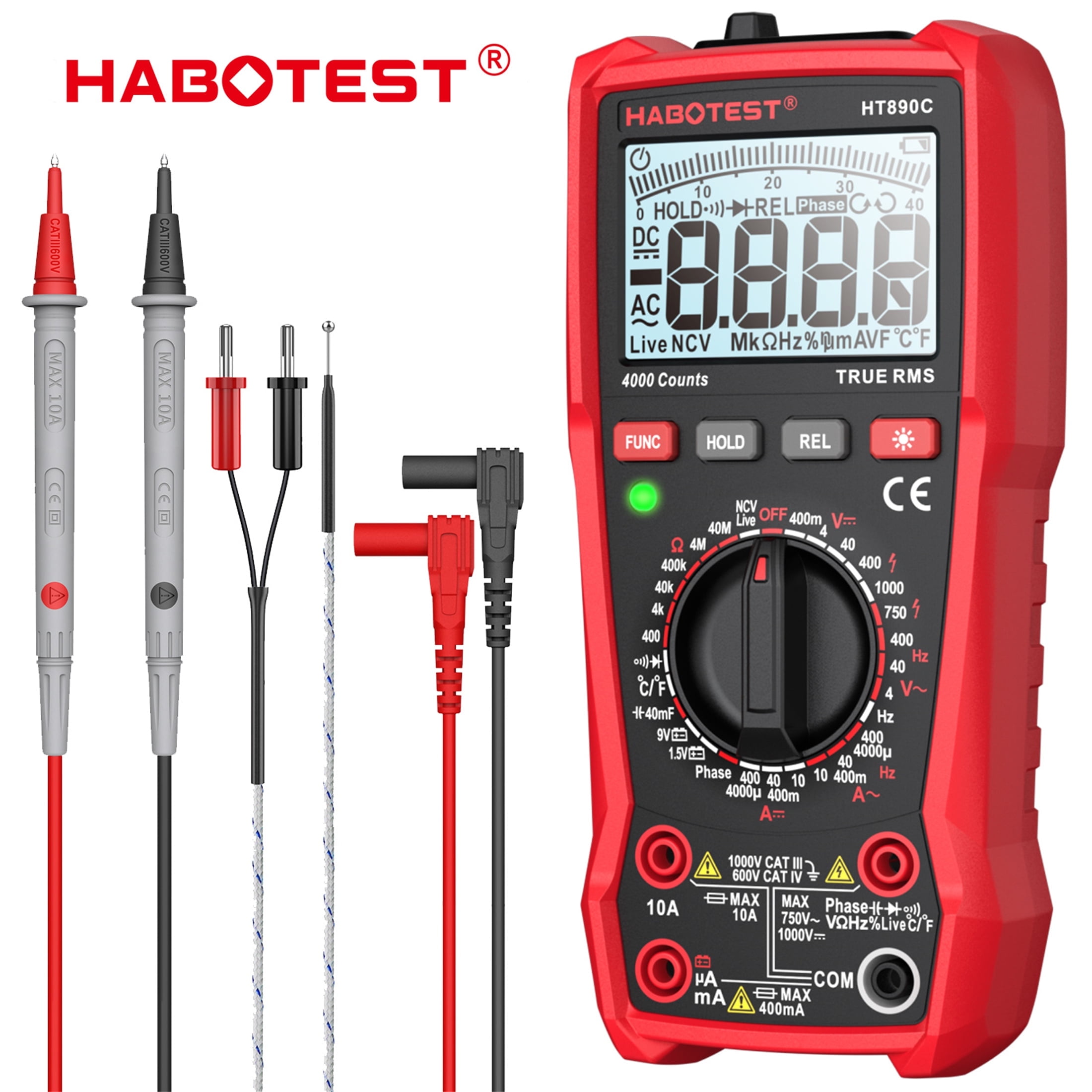 HABOTEST HT890C Digital Multimeter, 4000 Counts,DC AC Voltmeter,Auto ...
