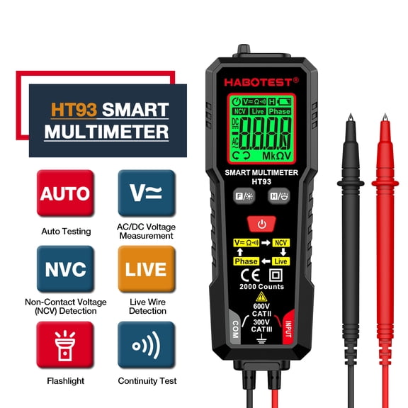 HABOTEST HT93 Digital Multimeter Smart Voltage Tester 2000 Counts Volt Meter Ohmmeter Auto-Ranging Accurately Measures AC/DC Voltage Resistance NCV Detection Tool (5.36 inches / 13.6 cm)