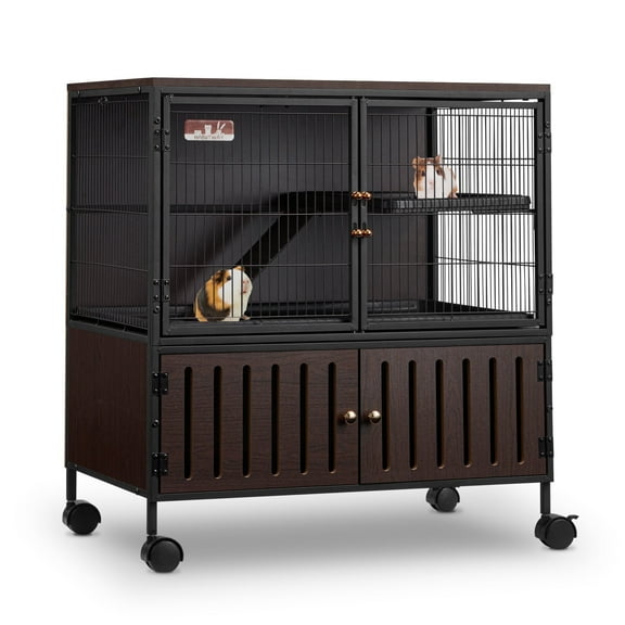 HABUTWAY 33''H Metal Large Ferret Cage, Rolling Chinchilla Cage, Critter Nation Cage, Indoor Wooden Pet Crate Furniture