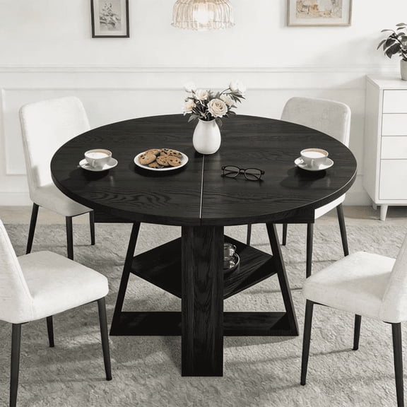 HABUTWAY 43.3-59 Inches Extendable Round to Oval Dining Table for 4-8, Wood Base with Storage for Dining Room or Kitchen