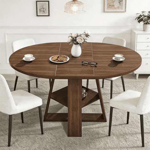 HABUTWAY 43.3-59 Inches Extendable Round to Oval Dining Table for 4-8, Wood Base with Storage for Dining Room or Kitchen