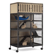 HABUTWAY 50''H Metal Large Ferret Cage, Rolling Chinchilla Cage, Critter Nation Cage, Indoor Wooden Pet Crate Furniture Grey Walnut