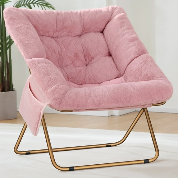 HABUTWAY Comfy Saucer Chair, Foldable Living Room Chairs, Soft Faux Fur Lounge Chair for Bedroom, Reading Chairs for Adults, Kids, X-Large (Faux Fur-Pink)