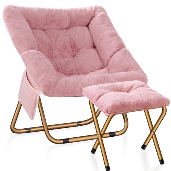 HABUTWAY Comfy Saucer Chair, Foldable Living Room Chairs, Soft Faux Fur Lounge Chair for Bedroom, Reading Chairs for Adults, Kids, X-Large (with Ottoman, Pink)