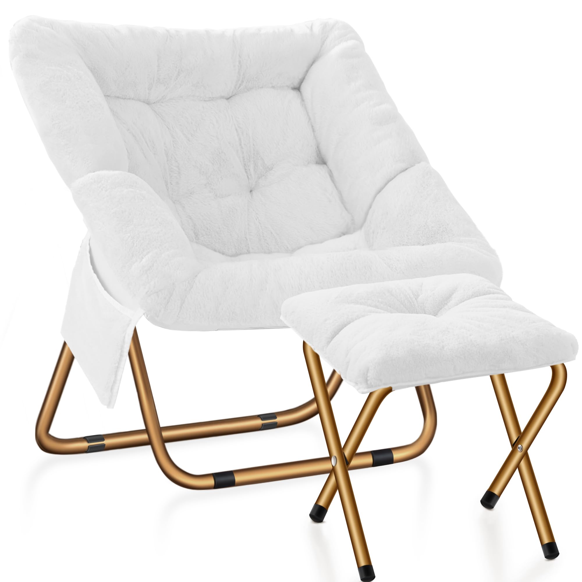 HABUTWAY Comfy Saucer Chair, Foldable Living Room Chairs, Soft Faux Fur Lounge Chair for Bedroom, Reading Chairs for Adults, Kids, X-Large (with Ottoman, White)