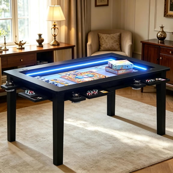 HABUTWAY Coperat Solid Wood Board Game Table with LED Lights for 4-6 Players, 54" x 31" Play Area Multi-Function Dining Table with Game Mat-Black