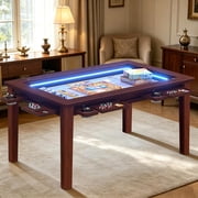 HABUTWAY Coperat Solid Wood Board Game Table with LED Lights for 4-6 Players Multi-Function Dining Table with Game Mat-Walnut