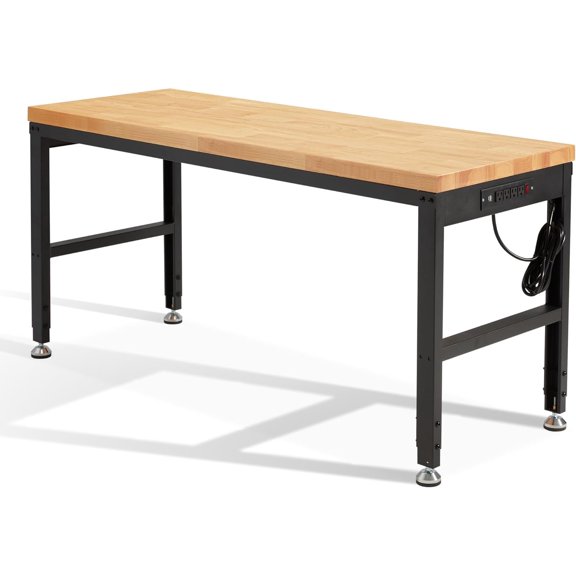 HABUTWAY Height Adjustable Workbench 60" 2000 Lbs Capacity Solid Wood Work Station Heavy-Duty Work Tables with Power Outlets for Garage Party Shop Office