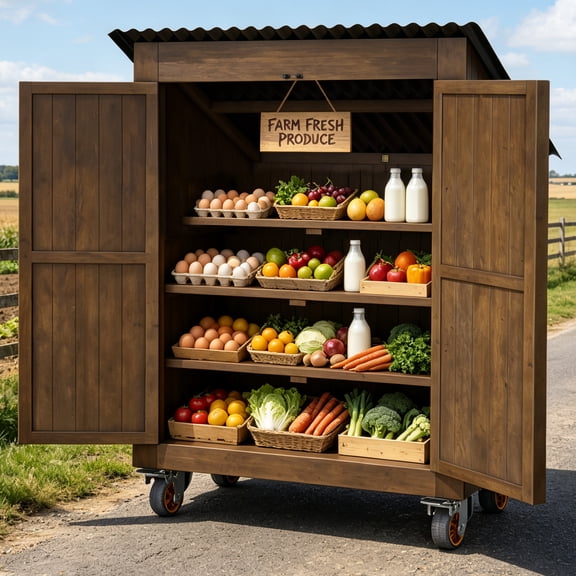 HABUTWAY Mobile Outdoor Farm Stand Cabinet with Roof & Display Table, Rolling Vendor Booth with Removable Shelves, Black Walnut