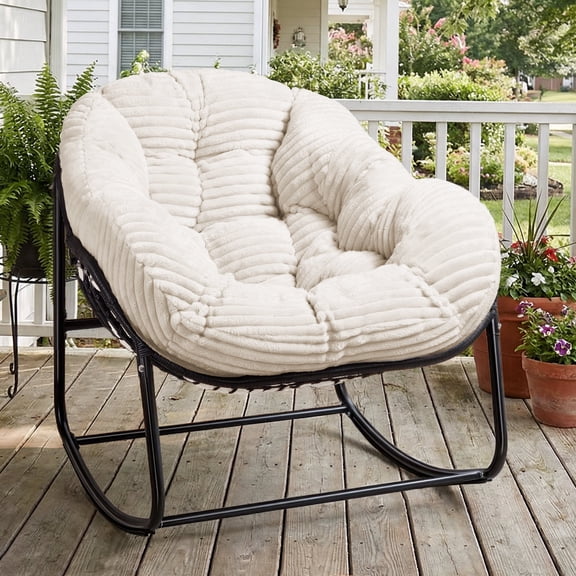 HABUTWAY Oversized Papasan Rocking Chair with Thick Cushion, Outdoor Rocker Egg Seat for Patio Garden Backyard Beige