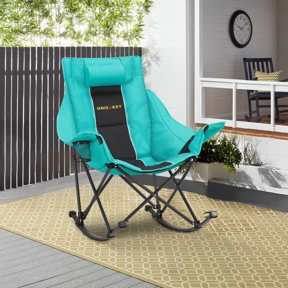 HABUTWAY Oversized Rocking Camping Chair for Adults 400lbs, Heavy Duty Outdoor Rocker with Cup Holder & Headrest, Foldable Portable Green