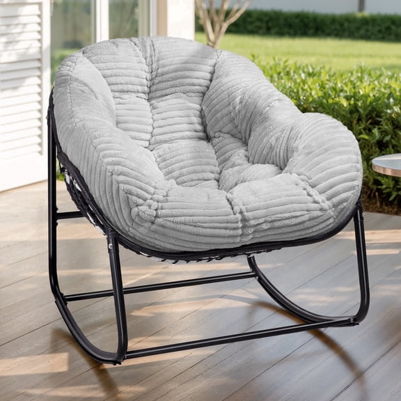 HABUTWAY Patio Rocking Chairs, Oversized Papasan Rock Chair Outdoor with Thick Padded Cushion, Rocker Egg Seat Indoor for Front Porch, Garden, Patio, Backyard, Light Gray