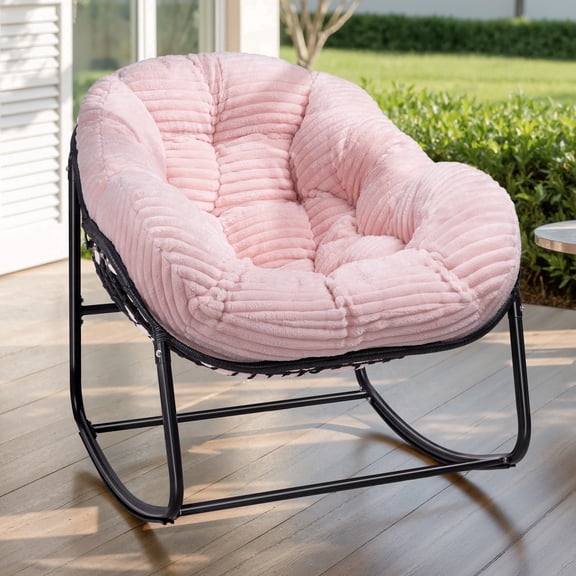 HABUTWAY Patio Rocking Chairs, Oversized Papasan Rock Chair Outdoor with Thick Padded Cushion, Rocker Egg Seat Indoor for Front Porch, Garden, Patio, Backyard, Pink