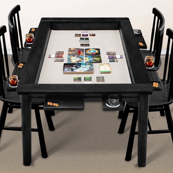 HABUTWAY 40" Solid Wood Board Game Table for 4-6 Players, 54" x 31" Convertible Dining Table with Removable Top, Game Mat, 6 Cup Holders & Hobby Trays, for D&D Card Game Puzzle, Black