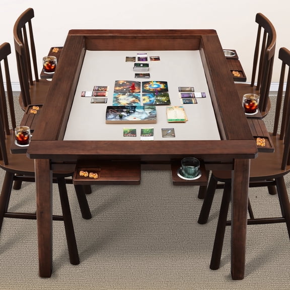 HABUTWAY 40" Solid Wood Board Game Table for 4-6 Players, 54" x 31" Convertible Dining Table with Removable Top, Game Mat, 6 Cup Holders & Hobby Trays, for D&D Card Game Puzzle, Black Walunt