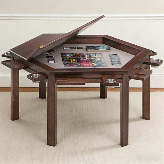 HABUTWAY Solid Wood Board Game Table for 4-6 Players, Convertible Dining Table with Removable Top, Gaming Table with Game Mat, 6 Cup Holders & Hobby Trays