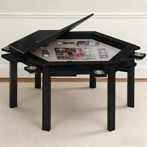 HABUTWAY Solid Wood Board Game Table for 4-6 Players, Convertible Dining Table with Removable Top, Gaming Table with Game Mat, 6 Cup Holders & Hobby Trays