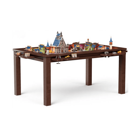 HABUTWAY Solid Wood Convertible Board Game Table, 57" x 33.5" with Removable Panels, PU Mat & 6 Cup Holders