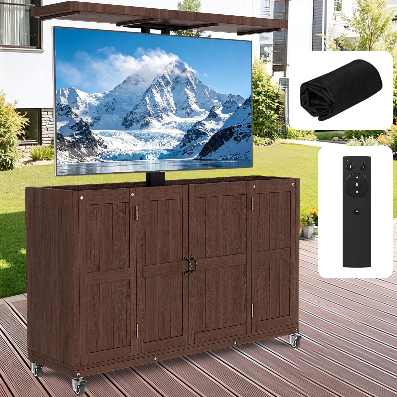 HABUTWAY Solid Wood Outdoor Motorized TV Lift Cabinet for 32-65