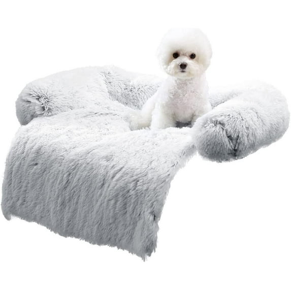 HACHIKITTY Calming Dog Sofa Bed Mat, Washable Plush Couch Cover for Dog, Furniture Protector Pet Sofa Mat for Dogs and Cats, Fluffy Dog Couch Bed with Anti-slip Bottom (40"x 38"x 6", Gray)