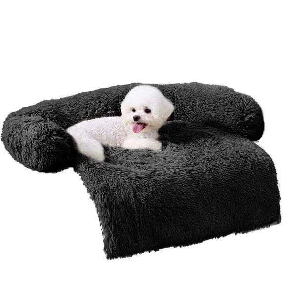 HACHIKITTY Calming Dog Sofa Bed Mat, Washable Plush Couch Cover for Dog, Furniture Protector Pet Sofa Mat for Dogs and Cats, Fluffy Dog Couch Bed with Anti-slip Bottom (40"x 38"x 6", Black)