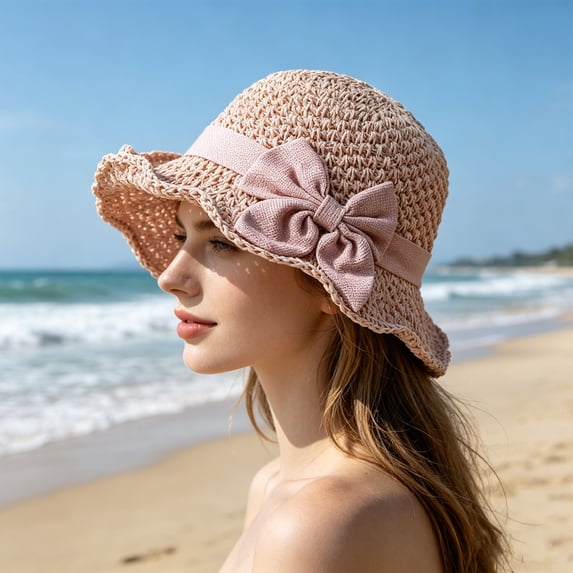 HACie Elegant Woven Straw Sun Hat with Bow Summer Beach Sun Straw Hats for Women Wide Brim Packable Travel Bucket Hats Pink