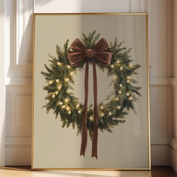 HADOPRINT Brown Bow Noel Wreath Wall Art Rustic Festive Print Cozy Winter Greenery Decor Farmhouse Noel Artwork UNFRAMED PAPER POSTER, Home Decor, Vintage Gift, Living Room Dercor