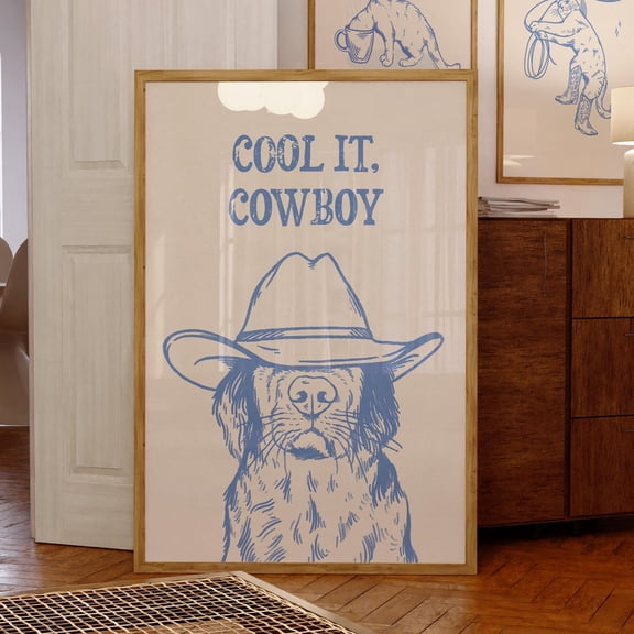 HADOPRINT Cool It Cowboy Art Print, Retro Print, Vintage Art, Blue Wall Art Dog, Western Dog Print, Trendy Decor, Art, UNFRAMED PAPER POSTER, Home Decor, Vintage Gift, Living Room Dercor